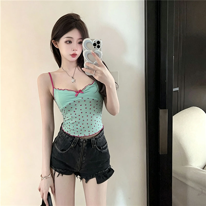 한 부서 하트 프린트 캐미솔 여름 레트로 핫걸 섹시함 순수한 욕망 몸매 가꾸기 망사 맨위