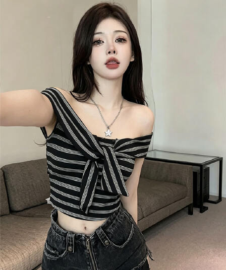원본 것 순수한 코튼 기사 한국 스타일 기타 착용 비틀림 오프숄더 스트라이프 몸매 가꾸기 반팔 t 맨위