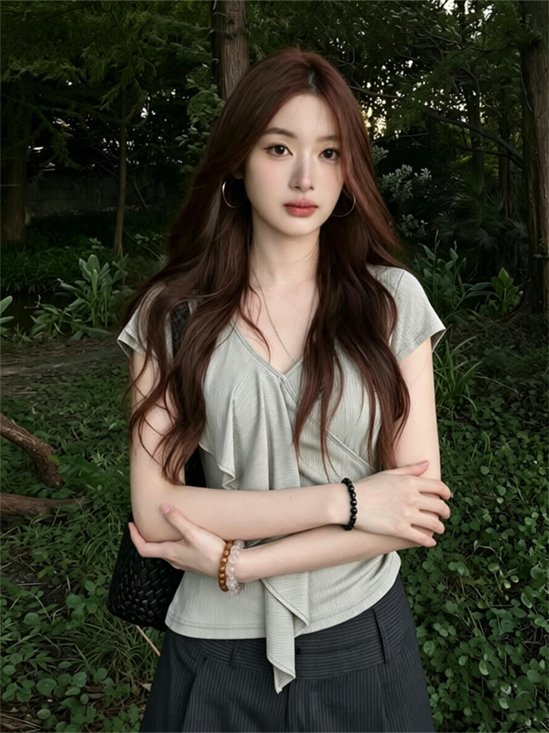 사람들 면 260 그램 디자인 V넥 프릴 반팔 티셔츠 여름 착용 가져 가라. 새로운 허리 수축 슬림해 보이는 맨위