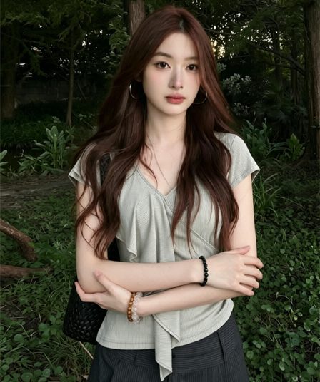 사람들 면 260 그램 디자인 V넥 프릴 반팔 티셔츠 여름 착용 가져 가라. 새로운 허리 수축 슬림해 보이는 맨위