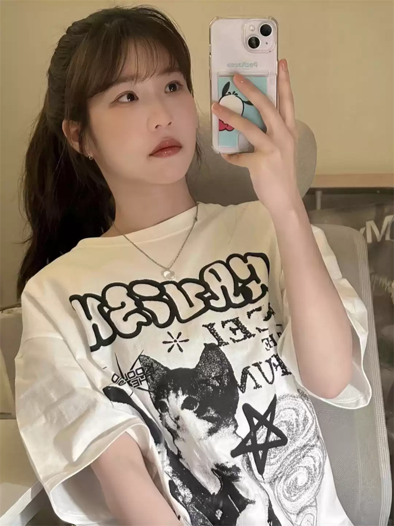 경관 그림 21 순면 210 그램 이후 패키지 칼라 여름 드레스 한 부서 반팔 티셔츠 여성 한국 스타일 루즈핏 빅 사이즈 프린트