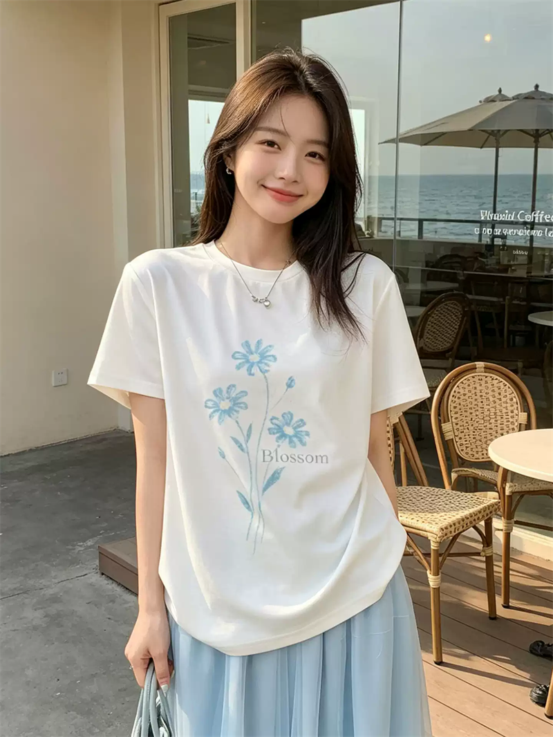 경관 그림 21 순면 210 그램 이후 패키지 칼라 여름 드레스 한 부서 반팔 티셔츠 여성 한국 스타일 루즈핏 빅 사이즈 프린트
