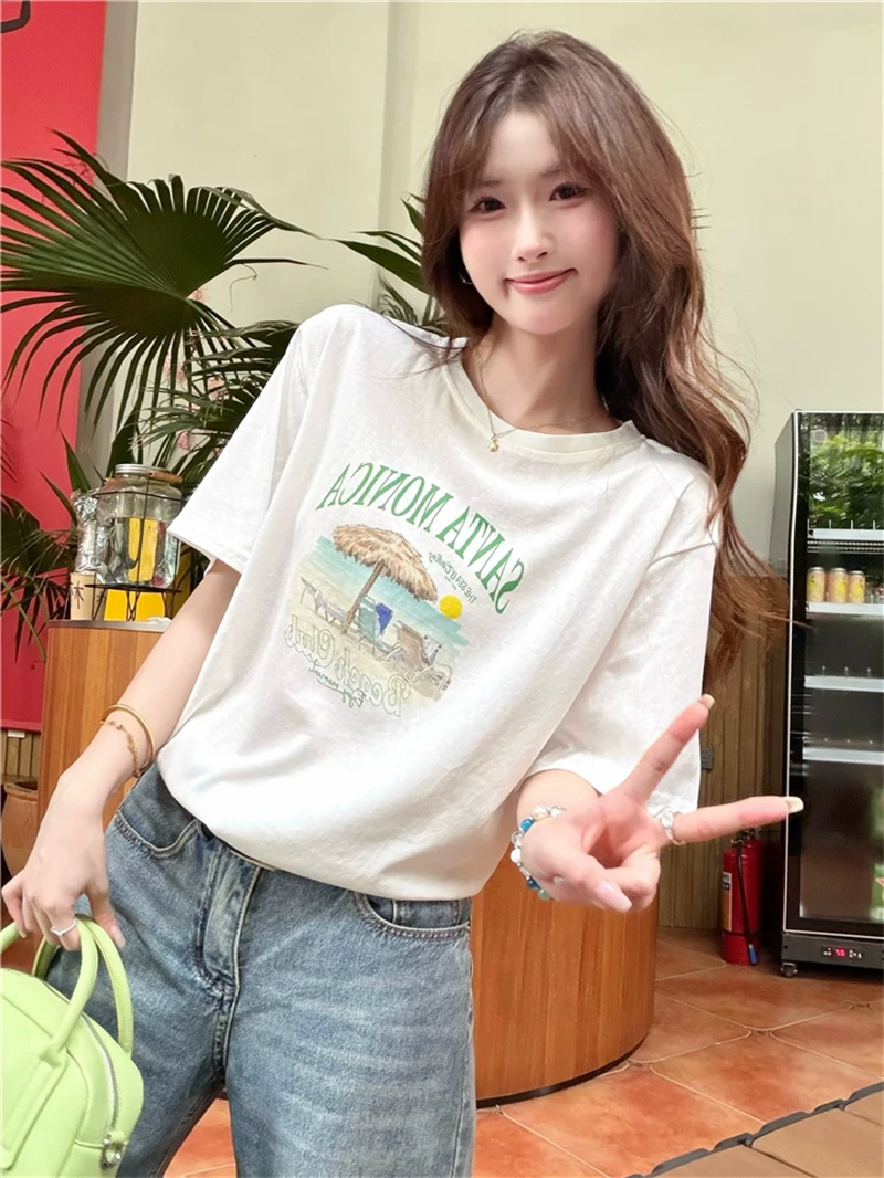경관 그림 21 순면 210 그램 이후 패키지 칼라 여름 드레스 한 부서 반팔 티셔츠 여성 한국 스타일 루즈핏 빅 사이즈 프린트