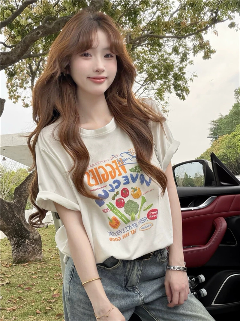 경관 그림 21 순면 210 그램 이후 패키지 칼라 여름 드레스 한 부서 반팔 티셔츠 여성 한국 스타일 루즈핏 빅 사이즈 프린트