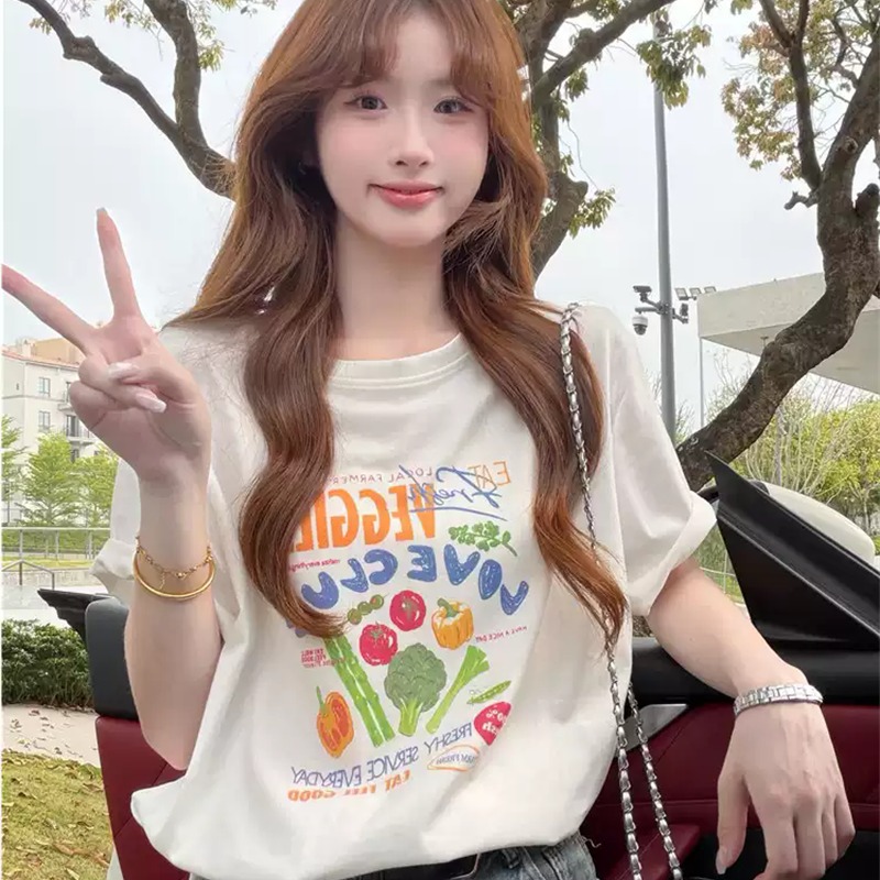 2026 여름 새로운 순면 프린트 루즈핏 빅 사이즈 티셔츠 230 크 순면 프린트 반팔 티셔츠 여성