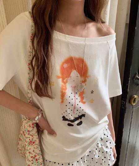 220 그램 92 면 8 암모니아 Lun 아메리칸 핫걸 비스듬한 어깨 알파벳 프린트 반팔 티셔츠 여성