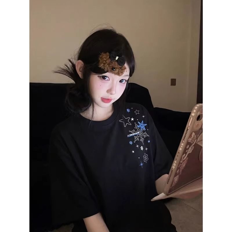 빗질하다 순면 230 크 순면 반팔 루즈핏 가을 어깨 프린트 티셔츠 여름 맨위 디자인 센스 작은 대중