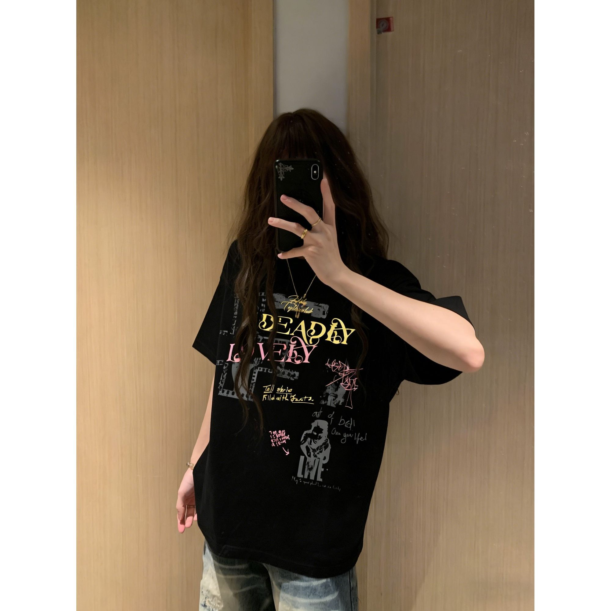 빗질하다 순면 230 크 순면 반팔 루즈핏 가을 어깨 프린트 티셔츠 여름 맨위 디자인 센스 작은 대중