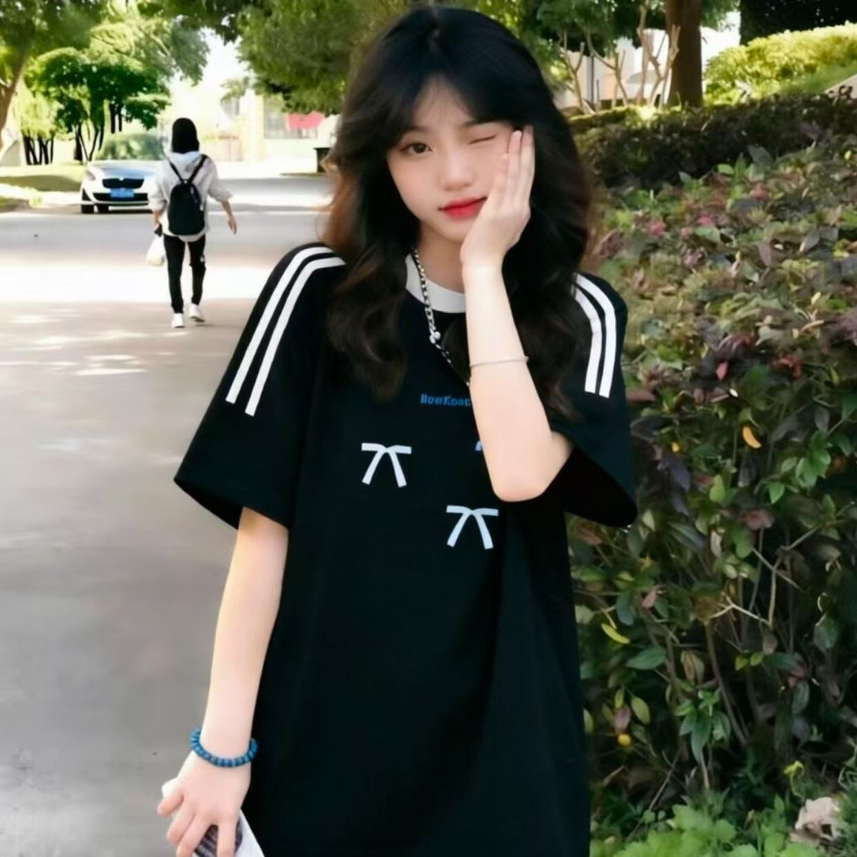 빗질하다 순면 230 크 순면 반팔 230 크 삽입 어깨 소매 3개 8 점 티셔츠 루즈핏 프린트
