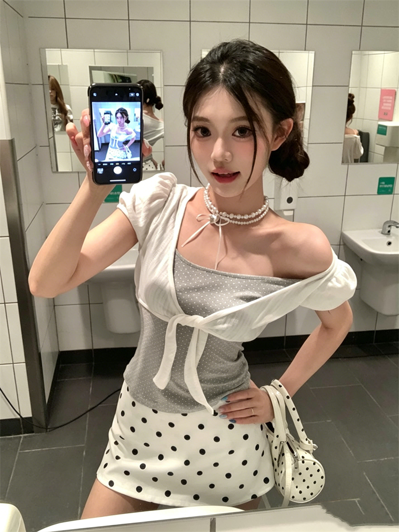 260 그램 1 1 인 면 한 부서 달콤한 스타일 스트랩 도트 무늬 티셔츠 페이크 레이어드 부드러운 슬림해 보이는 맨위