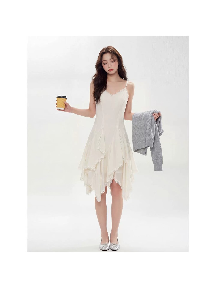 두꺼운 쉬폰 원단 네리 레이스 패치워크 디자인 센스 Tulle 슬립 여성 드레스 몸매 가꾸기 민소매 치마