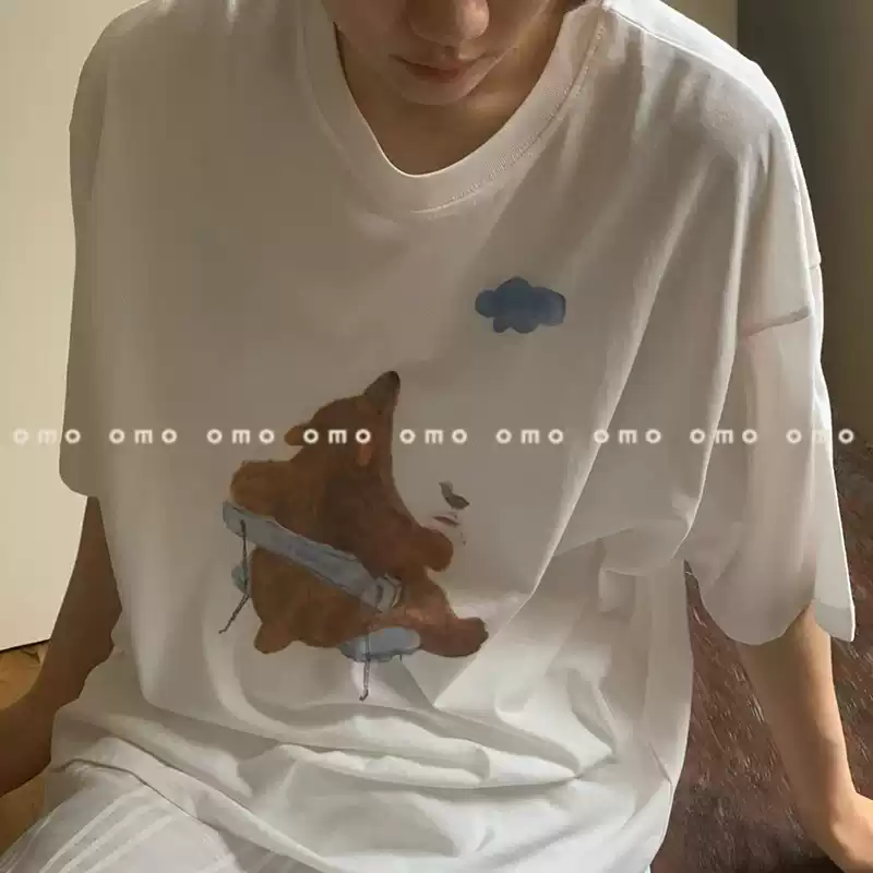 21 순면 210 그램 이후 패키지 칼라 여름 드레스 한 부서 반팔 티셔츠 여성 한국 스타일 루즈핏 빅 사이즈 프린트