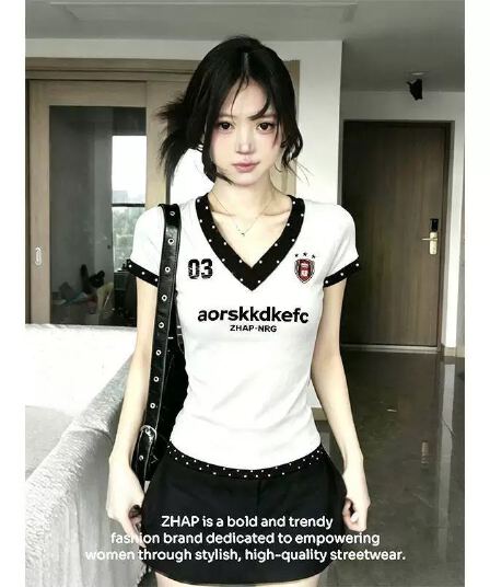 220 그램 40 빗질하다 92 면 8 암모니아 Lun 패치워크 도트 무늬 V넥 신축성 긍정적 인 어깨 몸매 가꾸기 반팔 티셔츠 여성