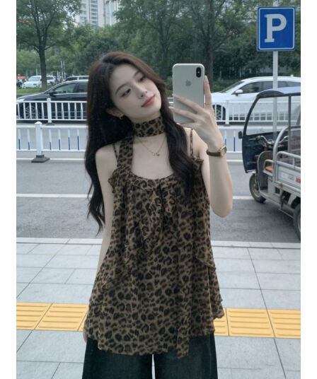 원본 양면 레오파드 무늬 원단 안감 핫걸 레오파드 무늬 프린트 V넥 캐미솔 외출용 맨위