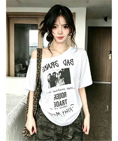 220 그램 92 면 8 암모니아 Lun 아메리칸 핫걸 비스듬한 어깨 알파벳 프린트 반팔 티셔츠 여성