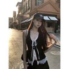 批发人棉+<b class='q'>蕾丝</b>吊带背心女夏外穿黑色辣妹穿搭<b class='q'>蕾丝</b>假两件无袖上衣