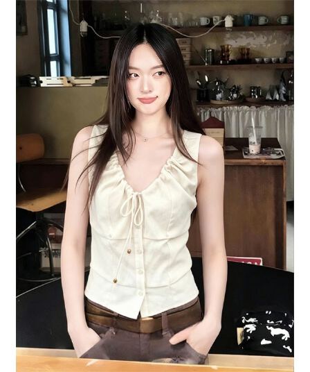 원본 품질 네리 아메리칸 레트로 핫걸 V넥 조끼 슬립 민소매 펌프 로프 비즈 맨위