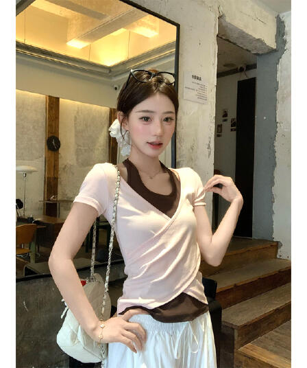 원본 사람들 면 260 그램 핑크색 페이크 레이어드 행침 목 반팔 티셔츠 여름 핫걸 쇼트 스타일 작은 맨위