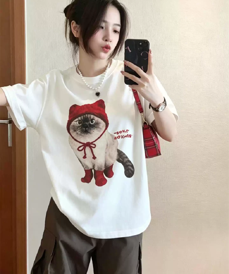 경관 그림 21 순면 210 그램 이후 패키지 칼라 여름 드레스 한 부서 반팔 티셔츠 여성 한국 스타일 루즈핏 빅 사이즈 프린트