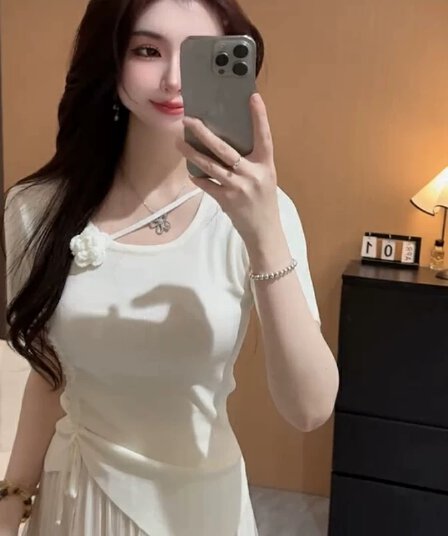 빅 사이즈 지방 mm 한 부서 미니멀리즘 3 차원 꽃 펌프 Pleat 반팔 니트 스웨터 여성 여름 외국 가스 슬림해 보이는 다용도 맨위
