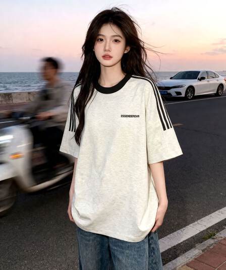 빗질하다 순면 230 크 순면 반팔 230 크 삽입 어깨 소매 3개 바 8 점 바 티셔츠 루즈핏 프린트