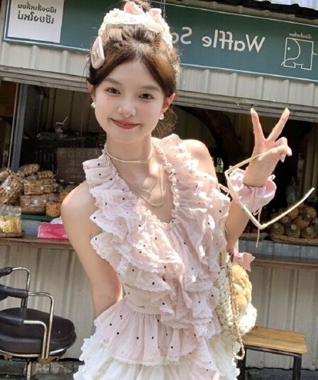 달콤함 분위기 센스 ins 바람 핑크색 도트 무늬 패치워크 프릴 행침 목 조끼 맨위 퍼프 케이크 드레스 여름