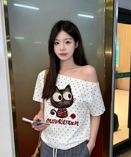 220 그램 40 순면 오스트리아 세대 서울 도트 무늬 비스듬한 어깨 반팔 티셔츠 여성