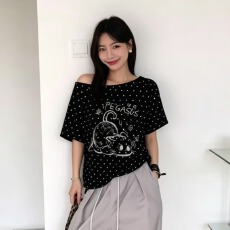 批发220克40支纯棉奥代尔 波点斜肩短袖T恤女