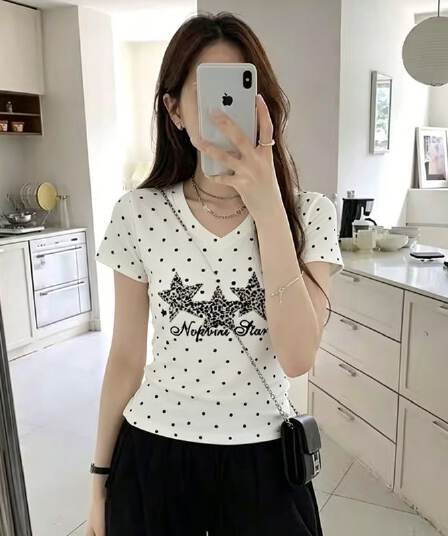 40 220 그램 빗질하다 92 면 8 암모니아 Lun 이후 패키지 칼라 몸매 가꾸기 슬림해 보이는 긍정적 인 어깨 V넥 반팔 티셔츠 여성