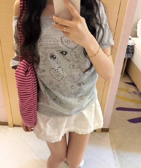220 그램 92 면 8 암모니아 Lun 아메리칸 핫걸 비스듬한 어깨 알파벳 프린트 반팔 티셔츠 여성