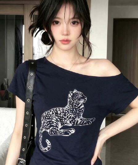 220 그램 92 면 8 암모니아 Lun 아메리칸 핫걸 비스듬한 어깨 알파벳 프린트 반팔 티셔츠 여성