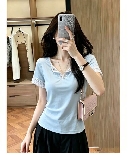 40s 모방 면 리브 한 부서 파란색 홀로우 아웃 레이스 레이스 반팔 티셔츠 여름 허리 수축 슬림해 보이는 티셔츠 맨위