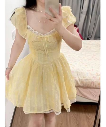 황색 광장 칼라 소녀 거품 소매 수신 귀여운 드레스 허리 수축 프랑스식 슬림해 보이는 달콤함 치마 공주 미니 스커트 여성