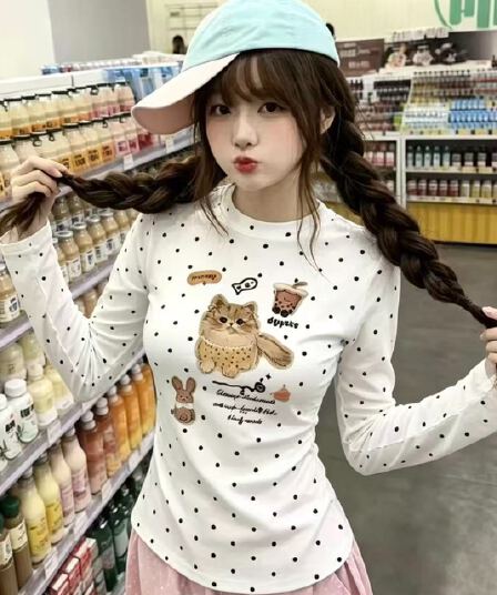 220 그램 40 빗질하다 92 면 8 암모니아 Lun 도트 무늬 몸매 가꾸기 긴팔 티셔츠 여성