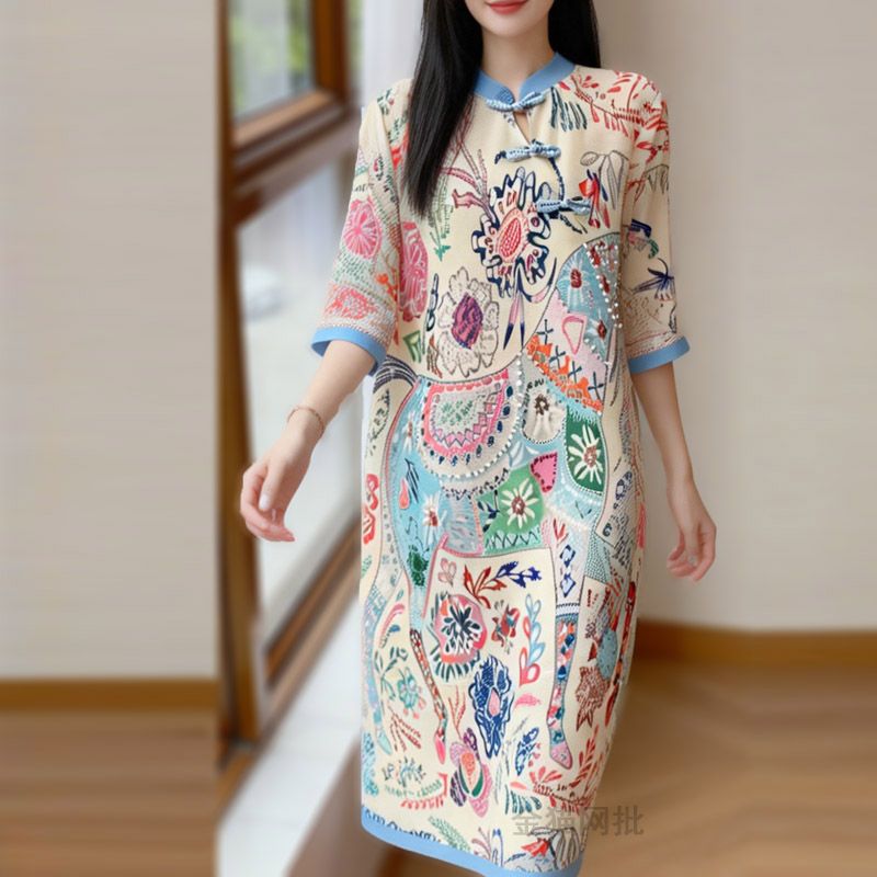 RY7464# 夏季褶皱连衣裙女2026新款复古旗袍裙妈妈减龄中国风大码裙子