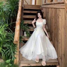 批发法式甜美小个子仙女<b class='q'>连衣裙</b>女夏季高级感<b class='q'>假两件</b>短袖气质收腰长裙子