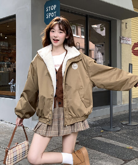아메리칸 레트로 쇼트 스타일 면 의류 여성 양털 털이 있는 목화 진딧물 겨울 새로운 학생 oversize 재킷 트렌디