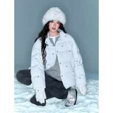 批发白鸭绒 sancai独醒条纹蓝色羽绒服女小个子短款新款面包服