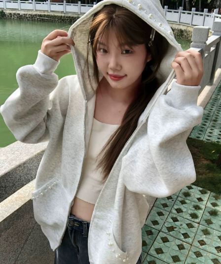 원본 솜씨 있음 이후 패키지 칼라 얇은 스타일 주문 구슬 자수 더블 머리 지퍼 순수한 Mianhua 면 복합 후드티 여성