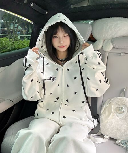 얇은 스타일 후아 면 복합 우유 실크 원본 솜씨 아메리칸 레트로 별 전체 인쇄 후드 티 스웨터 여성