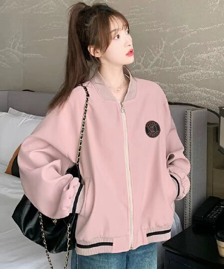 핑크색 레트로 학원 스타일 야구 유니폼 지퍼 여성 코트 봄 가을 새로운 디자인 센스 패치워크 캐주얼 맨위