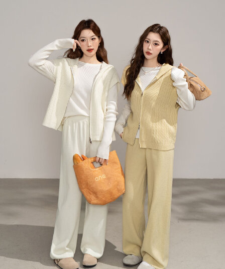 실사 한 부서 느긋한 바람 고유 한 Chic 레트로 3종 세트 후드 패치워크 니트 베스트 와이드 레그 팬츠