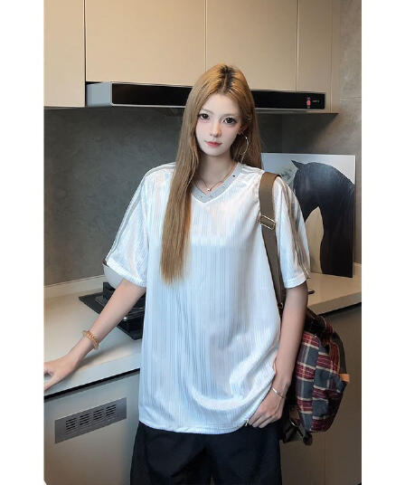 원본 솜씨 원본 원단 아메리칸 운동 섹션 V넥 반팔 스트라이프 작은 대중 해체 티셔츠 남녀 커플 여름