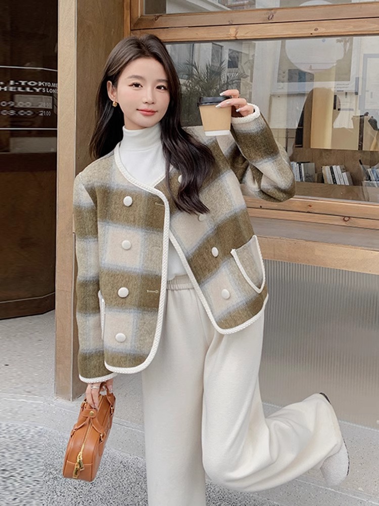 名媛小香风格子大衣女短款毛呢外套新款英伦风圆领双排秋冬 服裝批發女裝批發服飾貨源
