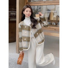 批发名媛小香风格子大衣女短款毛呢外套2026年新款英伦风圆领双排秋冬