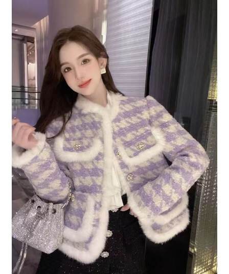 새로운 체크무늬 작은 샤넬 스타일 여성 코트 신선함 패션 바이올렛 명문 여성 두꺼운 솜을 넣은 모직 면 의류 긴팔