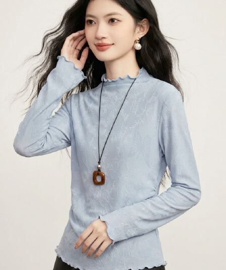 고급 센스 안개 안개 블루 긴팔 기본 셔츠 여성 몸매 가꾸기 디스플레이 화이트 봄 가을 새로운 프릴 자카드 작은 터틀넥 맨위