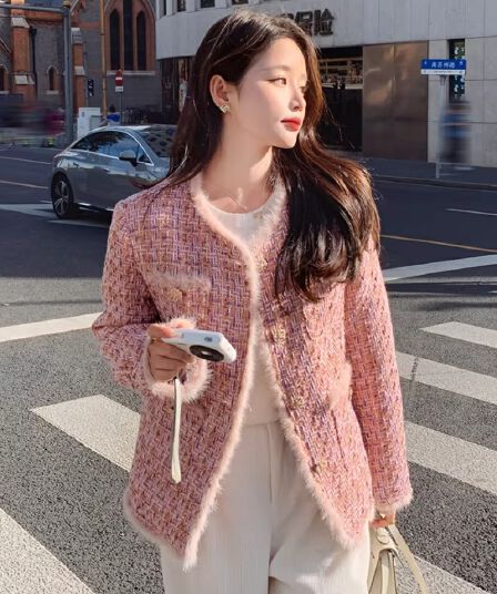 핑크색 작은 샤넬 스타일 두꺼움 여성 코트 가을 겨울 2026 새로운 폭발 고급 절묘한 여성 쇼트 스타일 내피 면 의류