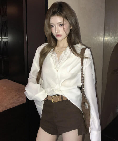 모방 주간 실크 원단 레이스 레이스 품격 인사이드 가져 가라. 셔츠 측면 허리 핀치 Pleat 레이스 V넥 폴로 칼라 긴팔 셔츠