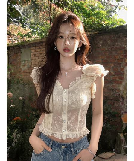 프랑스식 디자인 센스 프릴 여성 셔츠 여름 레이스 버블 반팔 Chic 작은 셔츠 오프숄더 쇼트 스타일 맨위